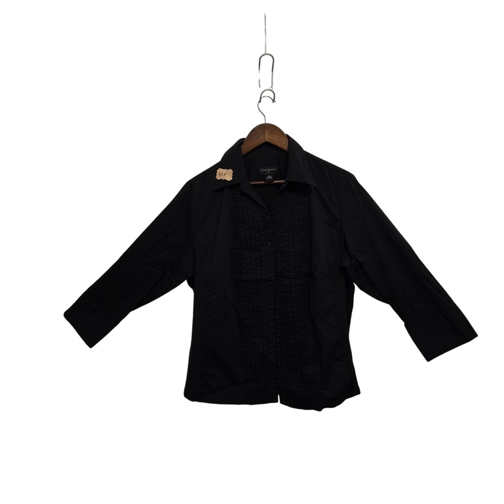 Investments II Womens 2X Black Pleated Front Button Down‎ 3/4 Sleeve Blouse Top